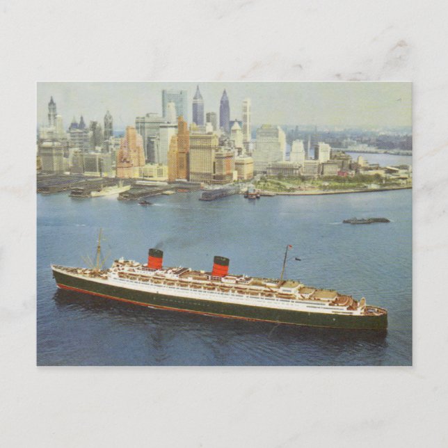RMS Queen Elizabeth Sailing New York Harbor Postcard (Front)