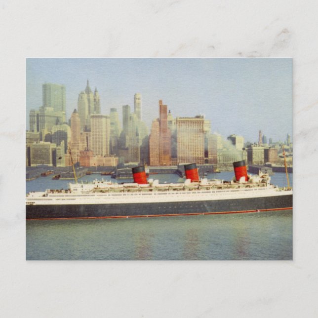 RMS Queen Mary Sailing New York 1950's Postcard (Front)