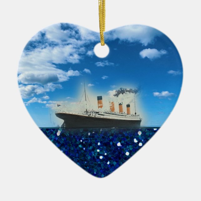 RMS Titanic Glittering Blue Sea Photo Name Date Ceramic Ornament (Front)