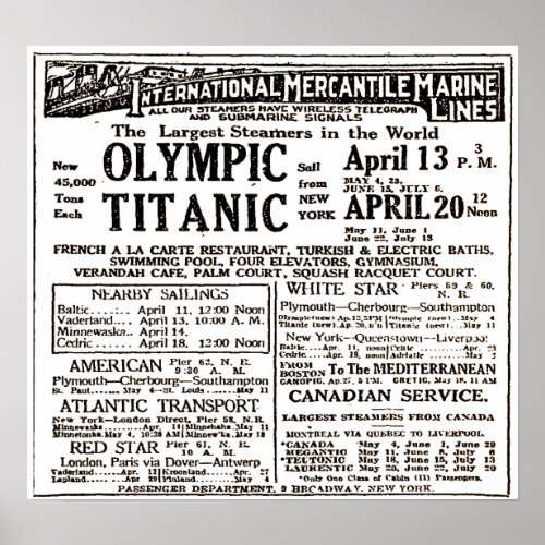 RMS Titanic Passenger Liner Newspaper Ad Poster