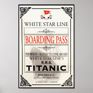 RMS Titanic White Star Line Boarding Pass Poster