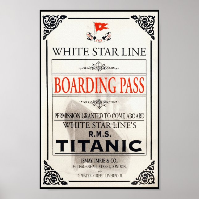 RMS Titanic White Star Line Boarding Pass Poster (Front)