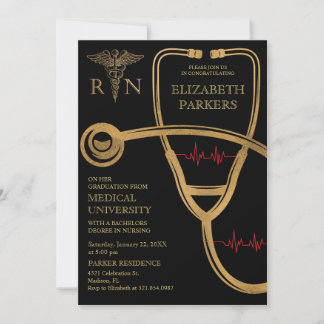 RN BSN Black Gold Nursing Graduation Party Invitation