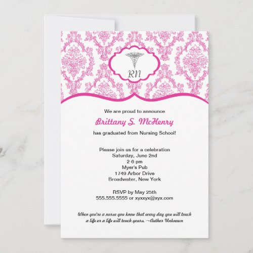 RN BSN Damask Fuchsia Nursing Student Graduation Invitations