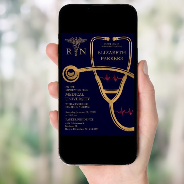RN BSN Navy Gold Nursing Graduation Party Invitation (Front Digital)