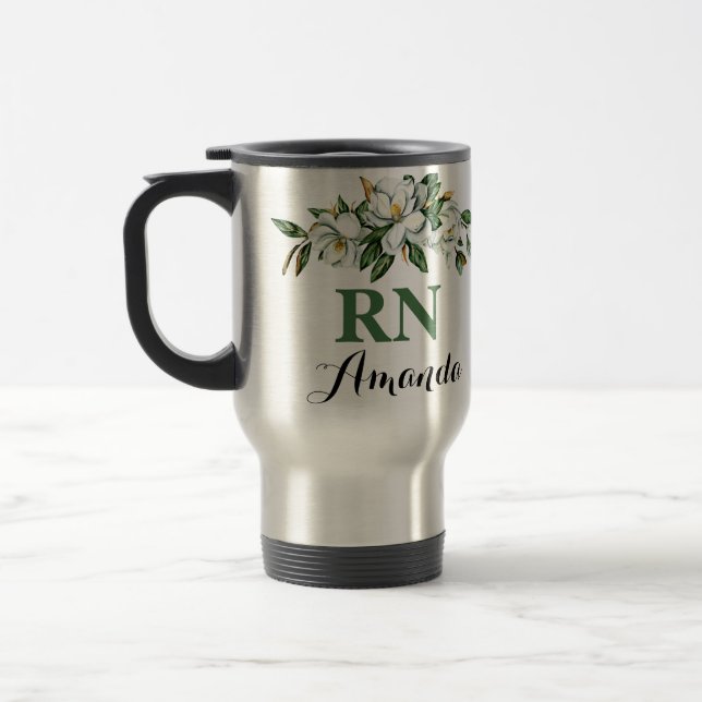RN Floral Bouquet Greenery Magnolia Graduation Mug (Left)