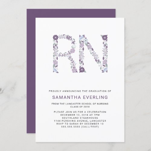 RN graduation celebration floral nurse purple Invitation