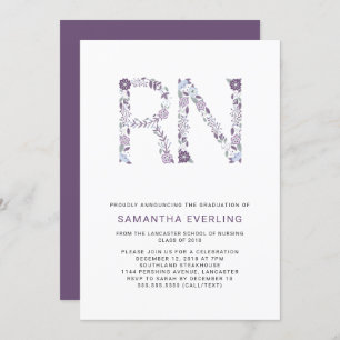 RN graduation celebration, floral nurse purple Invitation