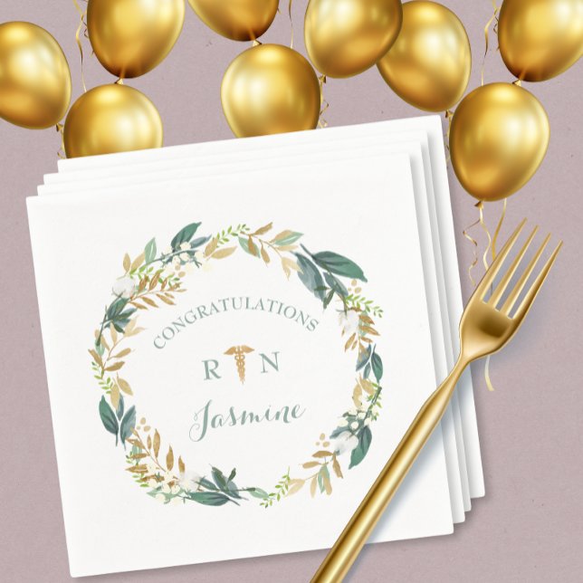RN graduation greenery wreath + gold caduceus Napkins (Creator Uploaded)