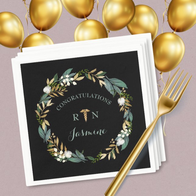 RN graduation greenery wreath + gold caduceus Napkins (Creator Uploaded)