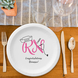 RN graduation party decor, hot pink silver Paper Plates
