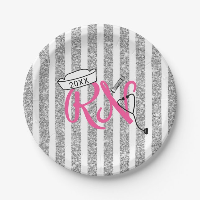 RN graduation party decor, pink silver glitter Paper Plates (Front)
