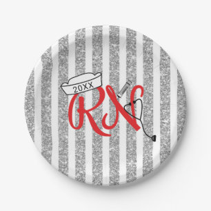 RN graduation party decor, red silver glitter Paper Plates