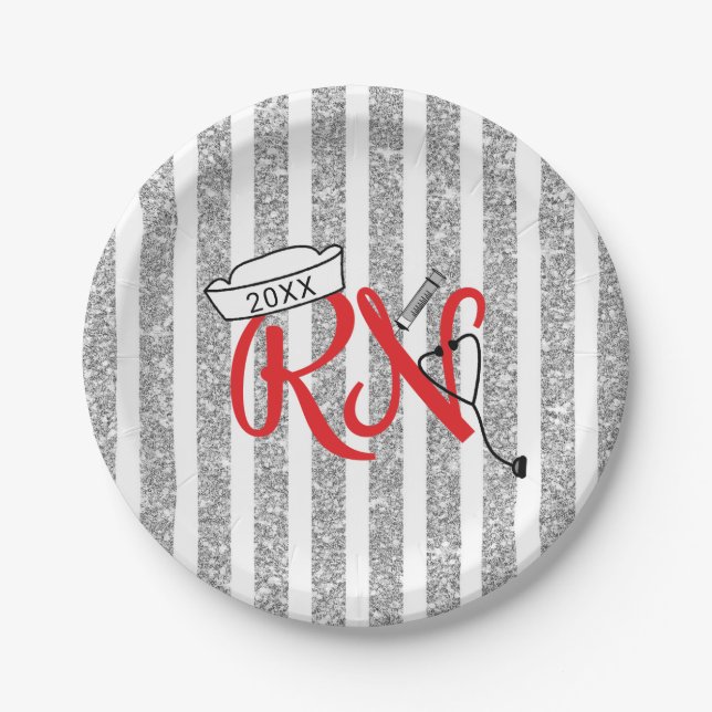 RN graduation party decor, red silver glitter Paper Plates (Front)