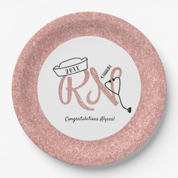 Rn Graduation Party Decor  Rose Gold Faux Glitter Paper Plates by lemontreecards at Zazzle