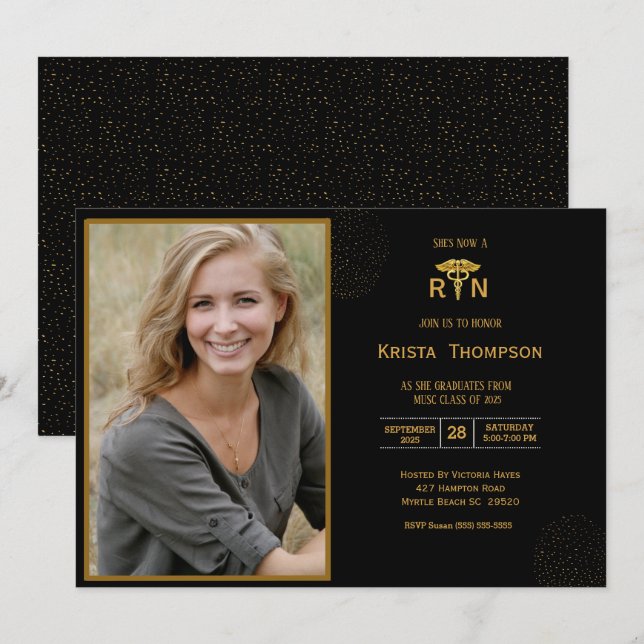    RN  Graduation Party Photo  Black Gold   Invitation (Front/Back)