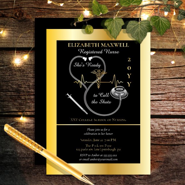 RN Graduation Party She's Ready to Call the Shots Foil Invitation (RN | BSN Nursing "She's Ready To Call the Shots" EKG Caduceus Grad Announcement Party Foil  Invite)