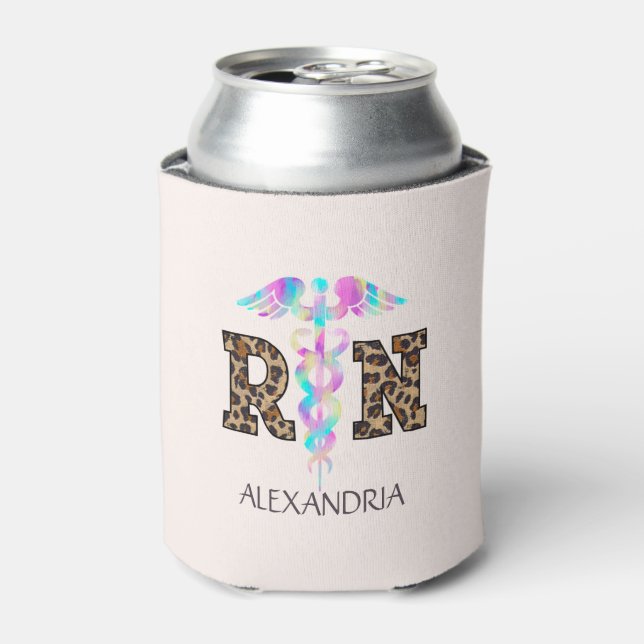 "RN" in Leopard Print- Colorful Medical Logo Can Cooler (Can Front)