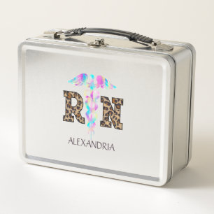 "RN" in Leopard Print- Colorful Medical Logo Metal Lunch Box