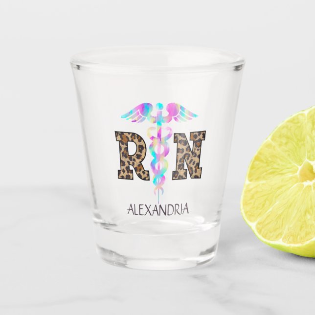 "RN" in Leopard Print- Colorful Medical Logo Shot Glass (Front)