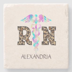 "RN" in Leopard Print- Colorful Medical Logo Stone Coaster