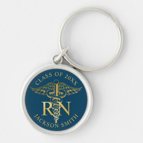 RN Nurse faux gold caduceus Blue Personalized Keychain