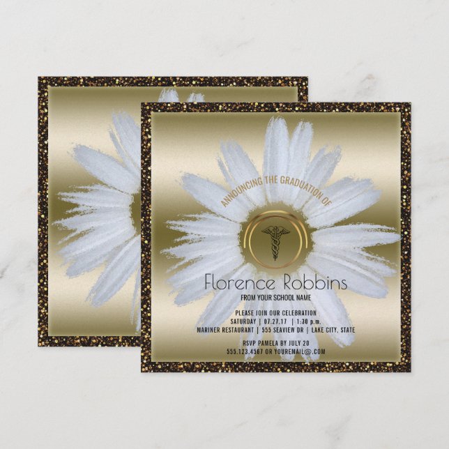 RN Nurse Graduation | Daisy Gold Pinning Ceremony Invitation (Front/Back)