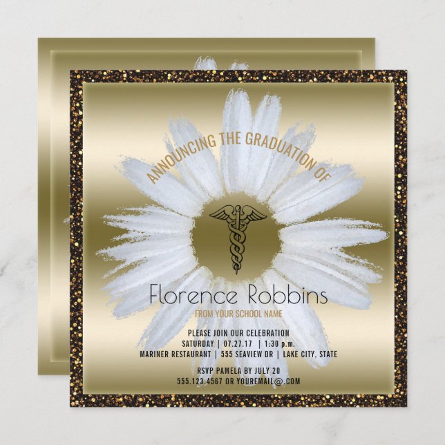 RN Nurse Graduation | Gold Daisy Pinning Ceremony Invitation (Front/Back)