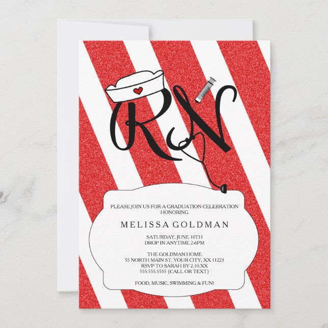 RN Nurse graduation invites fun red glitter design (Front)