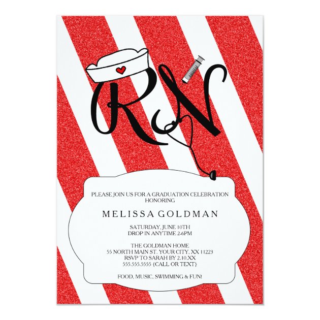 RN Nurse Graduation Invites Fun Red Glitter Design