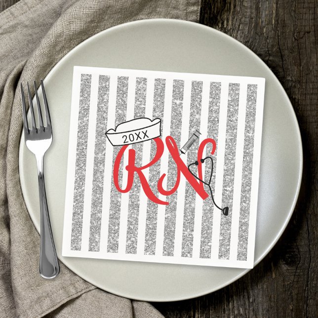 RN nurse graduation party decor, red silver Napkins (Creator Uploaded)