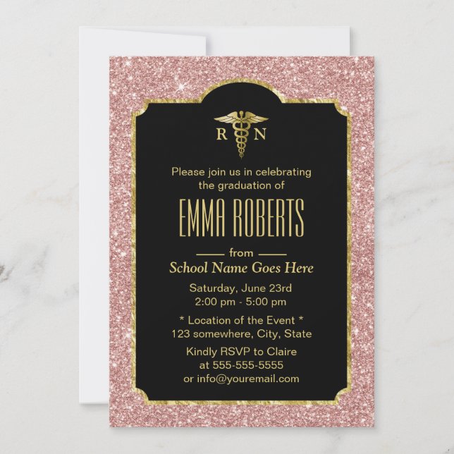 RN Nurse Graduation Party Modern Rose Gold Glitter Invitation (Front)