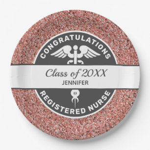 RN Nurse Graduation Rose Gold Glitter Personalized Paper Plates