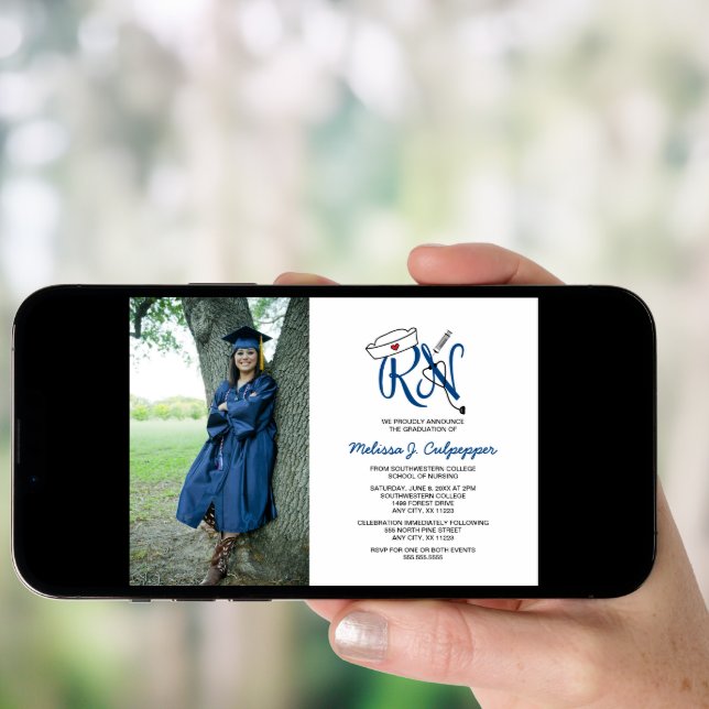 RN Nurse photo graduation pinning party / navy Invitation (Front Digital)