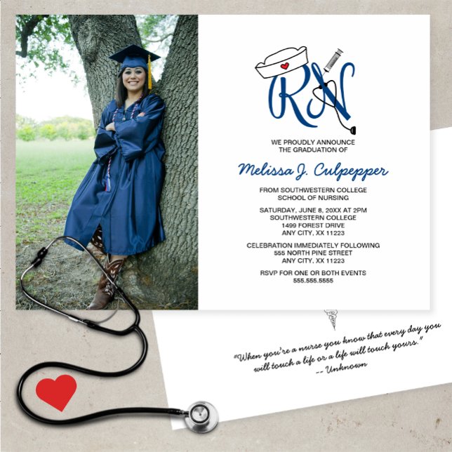 RN Nurse photo graduation pinning party / navy Invitation (Creator Uploaded)