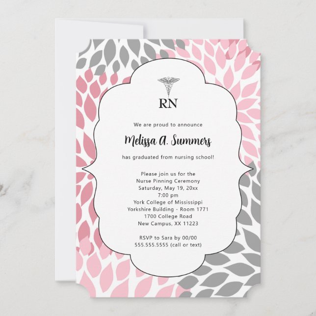 RN Nurse pinning ceremony invites pink gray floral (Front)