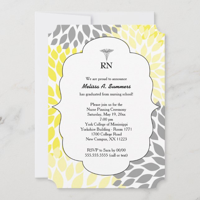 RN Nurse pinning ceremony invites yellow gray (Front)