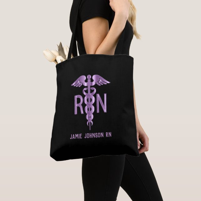 RN Nurse - Purple and Black Tote Bag (Close Up)