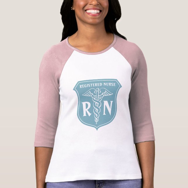 RN nurse t shirt with turquoise caduceus symbol (Front)