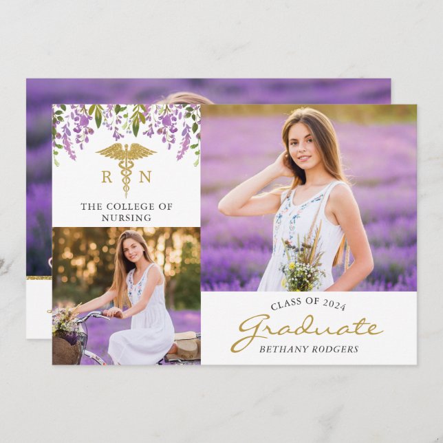 RN Nursing Floral Graduation 3 Photo Announcement (Front/Back)