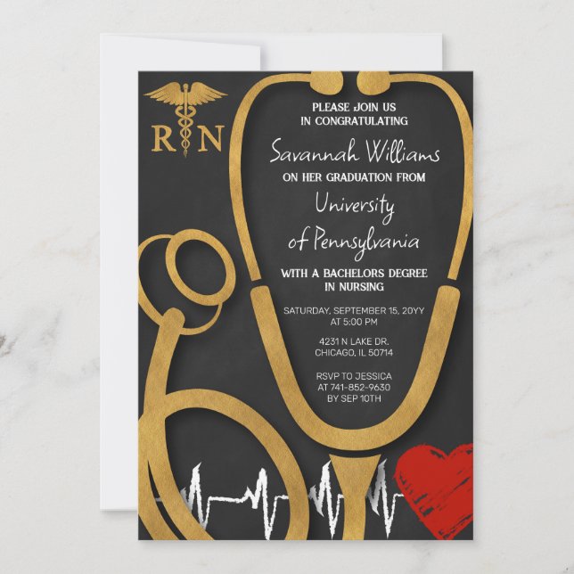 RN Nursing Graduation Celebration Black and gold Invitation (Front)