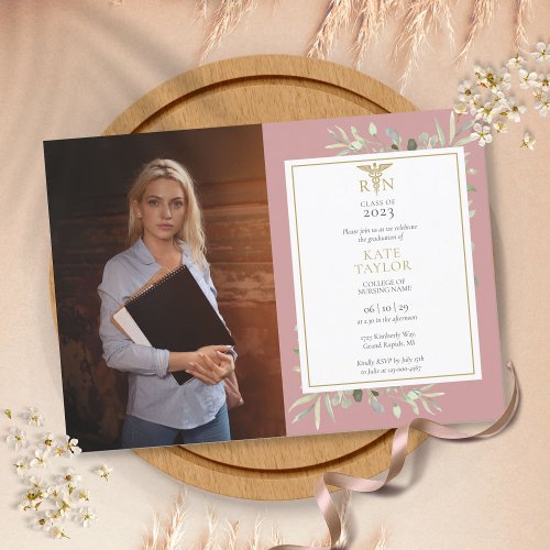 RN Nursing Graduation Dusty Rose Foliage Photo Invitation