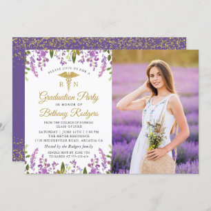 RN Nursing Graduation Gold Purple Floral Photo Invitation