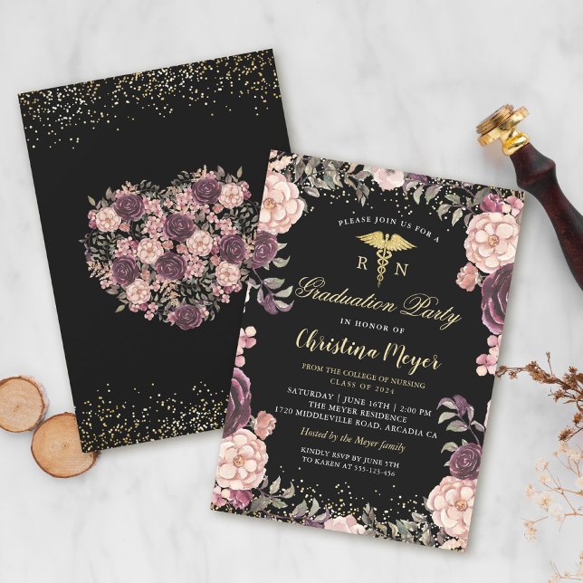 RN Nursing Graduation Party Burgundy Floral Black Invitation (Creator Uploaded)