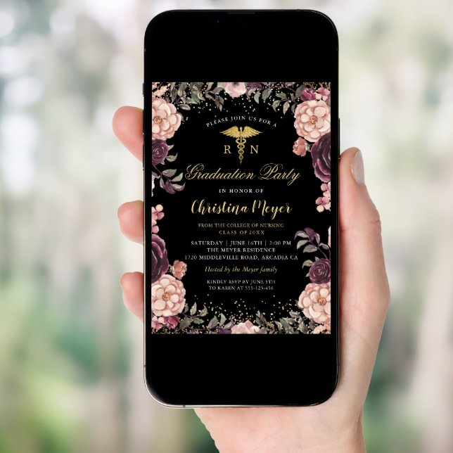 RN Nursing Graduation Party Burgundy Floral Black Invitation (Front Digital)