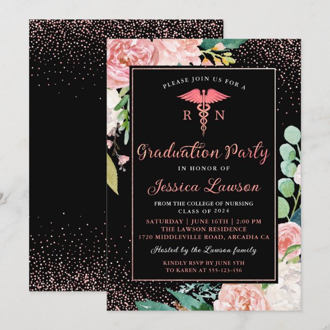 RN Nursing Graduation Party Rose Gold Floral Invitation (Front/Back)