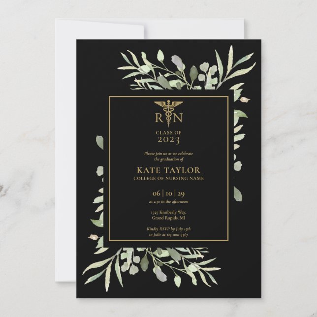RN Nursing Graduation Photo Foliage Black And Gold Invitation (Front)