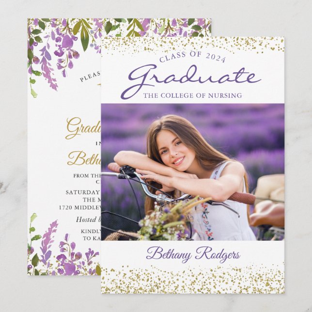 RN Nursing Graduation Purple Floral Gold Photo Invitation (Front/Back)