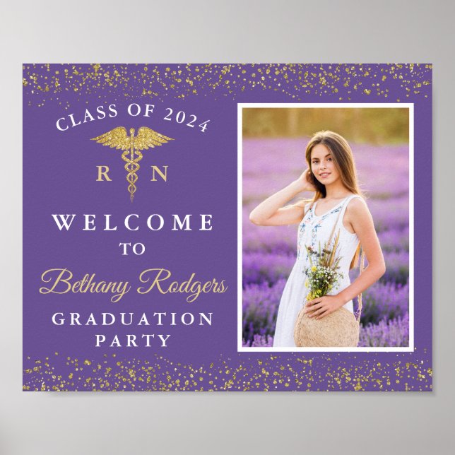 RN Nursing Graduation Purple Gold Glitter Photo Poster (Front)