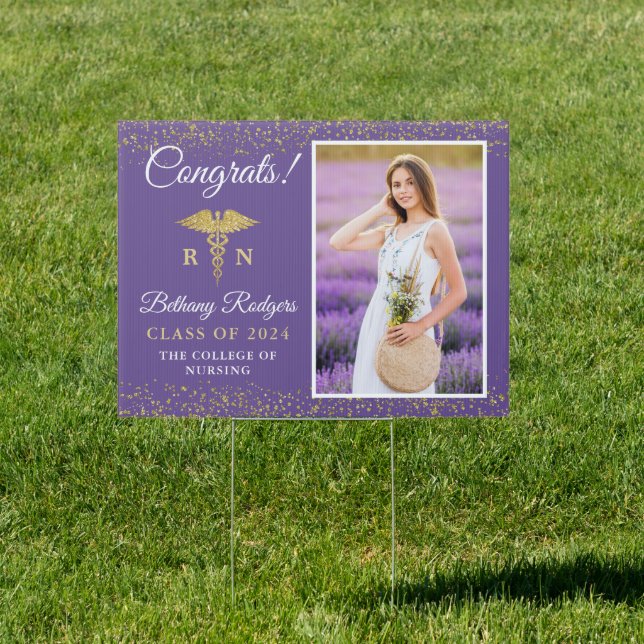 RN Nursing Graduation Purple Gold Photo Yard Sign (Insitu)